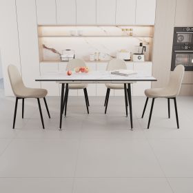 47"-63" extendable MDF modern dining table and chair set, suitable for 2-6 people, white dining table and modern beige round dining chair 4-piece set