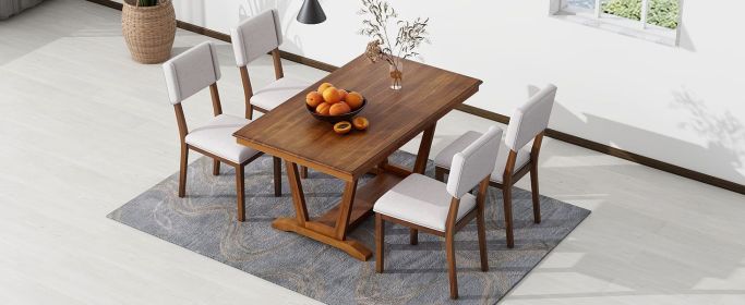 TOPMAX Rustic 5-piece Dining Table Set with 4 Upholstered Chairs, 59-inch Rectangular Dining Table with Trestle Table Base, Walnut