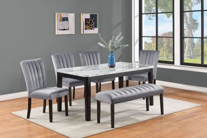 6-Piece Contemporary Dining Set Rectangular Faux Marble Table Top Black Finish Upholstered Chairs Bench Channel Tufting Wooden Solid Wood Dining Room