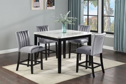 5-Piece Contemporary Counter Height Dining Set Square Faux Marble Table Tope Black Finish Upholstered Chairs Channel Tufting Wooden Solid Wood Dining