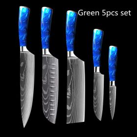 8-inch Chef Knife with Blue Resin Handle (Option: Green 5pcs set)