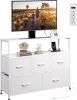 Coloured bedroom dresser with 5 fabric drawers, entertainment center with open shelves and 45" TV power outlets, vanity TV cabinet with closet storage