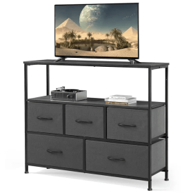 Coloured bedroom dresser with 5 fabric drawers, entertainment center with open shelves and 45" TV power outlets, vanity TV cabinet with closet storage (Four: grey)