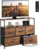 Coloured bedroom dresser with 5 fabric drawers, entertainment center with open shelves and 45" TV power outlets, vanity TV cabinet with closet storage