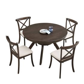 Wooden Dining Table Set, Mid Century Modern Round Rubber Wood Kitchen Table and Cross Back Upholstered Dining Chairs for Dining Room, Kitchen (Color: as Pic)