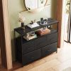 Coloured bedroom dresser with 5 fabric drawers, entertainment center with open shelves and 45" TV power outlets, vanity TV cabinet with closet storage